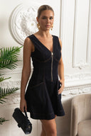 Sleeveless A-Line Dress with Topstitching and Deep V-Back - Dark Denim