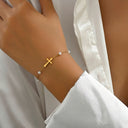 Pearl and Cross Bracelet for Women, Gold Stainless Steel Bracelet