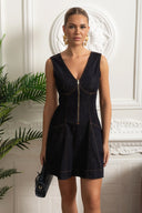 Sleeveless A-Line Dress with Topstitching and Deep V-Back - Dark Denim