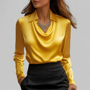 Georgie satin blouse with draped cowl neckline and long sleeves, view 10