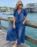Mischa wide-leg denim jumpsuit with tie-front V-neck and puff sleeves, view 2