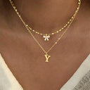 Bow and Initial Necklace Set A to Z, 2 Layered Gold Stainless Steel Necklaces