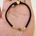 Initial Bracelet A to Z for Women, Black Cord with Gold Letter and Heart Charm