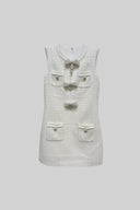 Textured Sleeveless Dress With Metal Embellished Bows - White