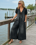 Mischa wide-leg denim jumpsuit with tie-front V-neck and puff sleeves, view 3