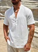 Burleigh Men's Mandarin Collar Half-Button Summer Shirt, view 8