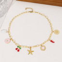 Starfish and Cherry Charm Necklace, Gold Tone Summer Charm Necklace for Women