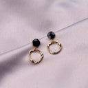 Black Stone Dangle Earrings, Vintage Gold Twisted Circle Earrings