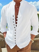 Broome Men's Mandarin Collar Cotton Linen Long Sleeve Shirt, view 5