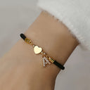 Initial Bracelet A to Z for Women, Black Cord with Gold Letter and Heart Charm