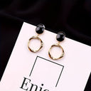 Black Stone Dangle Earrings, Vintage Gold Twisted Circle Earrings