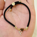 Initial Bracelet A to Z for Women, Black Cord with Gold Letter and Heart Charm