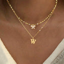 Bow and Initial Necklace Set A to Z, 2 Layered Gold Stainless Steel Necklaces