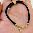 Initial Bracelet A to Z for Women, Black Cord with Gold Letter and Heart Charm