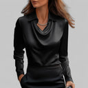 Georgie satin blouse with draped cowl neckline and long sleeves, view 12