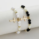 Cross Bead Bracelet Set of 2, Black and White Beaded Bracelets for Women