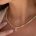 Initial Bead Necklace A to Z, Rainbow Letter Necklace with Stainless Steel Charm