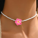 Plumeria Flower Bead Necklace, Hawaiian Seed Bead Necklace, White, Blue or Pink