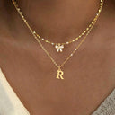 Bow and Initial Necklace Set A to Z, 2 Layered Gold Stainless Steel Necklaces