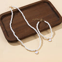 White Bead Heart Necklace and Bracelet Set, Beach Jewellery Set for Women