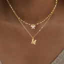 Bow and Initial Necklace Set A to Z, 2 Layered Gold Stainless Steel Necklaces