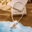 Starfish Bead Necklace, White Beach Necklace with Fish Charms