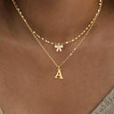 Bow and Initial Necklace Set A to Z, 2 Layered Gold Stainless Steel Necklaces