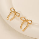 Gold Bow Earrings with Ribbon Tails, Ribbon Bow Stud Earrings for Women, 25 mm | Marliva