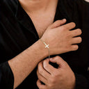Engraved Cross Bracelet for Men, Custom Sideways Cross, 304 Stainless Steel, Gold Tone