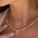 Initial Bead Necklace A to Z, Rainbow Letter Necklace with Stainless Steel Charm