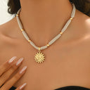 Sun Pendant Bead Necklace, 14K Gold Plated Boho Necklace for Women