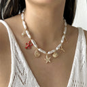 Ocean Charm Necklace, Starfish, Seashell and Seahorse Pendants, Gold Tone
