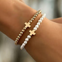 Sasha Pearl and Gold Bead Cross Bracelet Set