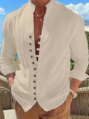 Broome Men's Mandarin Collar Cotton Linen Long Sleeve Shirt, view 6