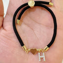 Initial Bracelet A to Z for Women, Black Cord with Gold Letter and Heart Charm