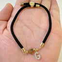 Initial Bracelet A to Z for Women, Black Cord with Gold Letter and Heart Charm