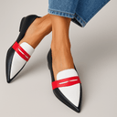 Sonia black and white faux leather loafers with red strap
