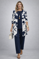 Kiki blue three piece set with floral cardigan and elastic waist wide-leg trousers