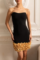 Sophisticated Evening Dress With Golden Roses At Hemline - Black