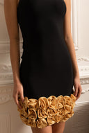 Sophisticated Evening Dress With Golden Roses At Hemline - Black