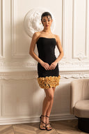 Sophisticated Evening Dress With Golden Roses At Hemline - Black