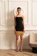 Sophisticated Evening Dress With Golden Roses At Hemline - Black