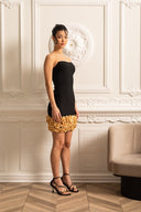 Sophisticated Evening Dress With Golden Roses At Hemline - Black