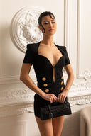 Elegant Romper Dress With Deep Neckline And Golden Buttons - Black