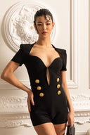 Elegant Romper Dress With Deep Neckline And Golden Buttons - Black