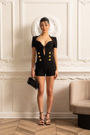 Elegant Romper Dress With Deep Neckline And Golden Buttons - Black