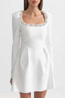 Elegant Dress With Square Neckline And Silver Floral Detailing - White
