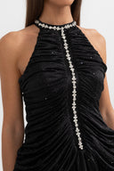 Sleeveless Halter Dress with Pearl Accents - Black