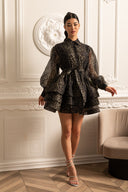 Leopard Pattern Long Sleeved Dress With Layered Skirt - Black