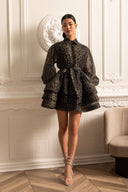 Leopard Pattern Long Sleeved Dress With Layered Skirt - Black